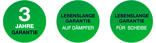 3 jahre garantie - Lebenslange garantie für Scheibe - Lebenslange garantie auf dämpfer
