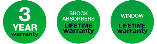3 year warranty - Window and shock absorbers lifetime warranty