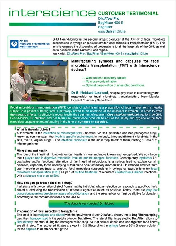 Manufacture of syringes and capsules for faecal microbiota transplantation (FMT) with Interscience equipments