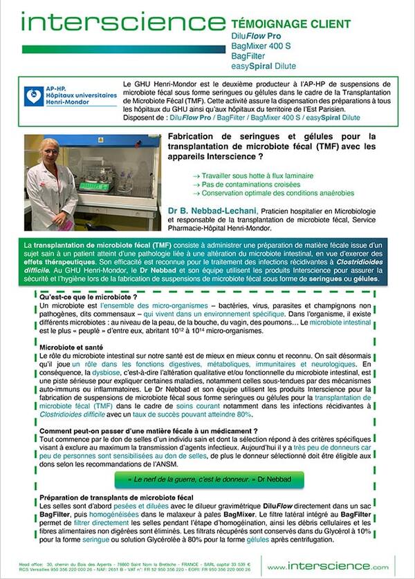 Fabrication de seringues et gélules pour la transplantation de microbiote fécal (TMF) avec les appareils Interscience