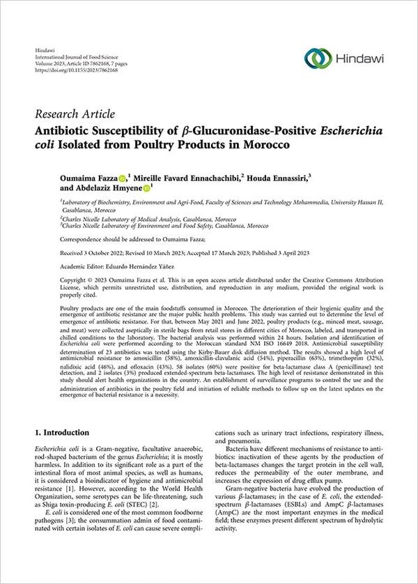 Antibiotika-Empfindlichkeit von β-Glucuronidase-positiven Escherichia coli, die aus Geflügelprodukten in Marokko isoliert wurden (auf Englisch)