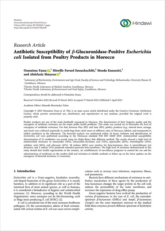 Antibiotika-Empfindlichkeit von β-Glucuronidase-positiven Escherichia coli, die aus Geflügelprodukten in Marokko isoliert wurden (auf Englisch)